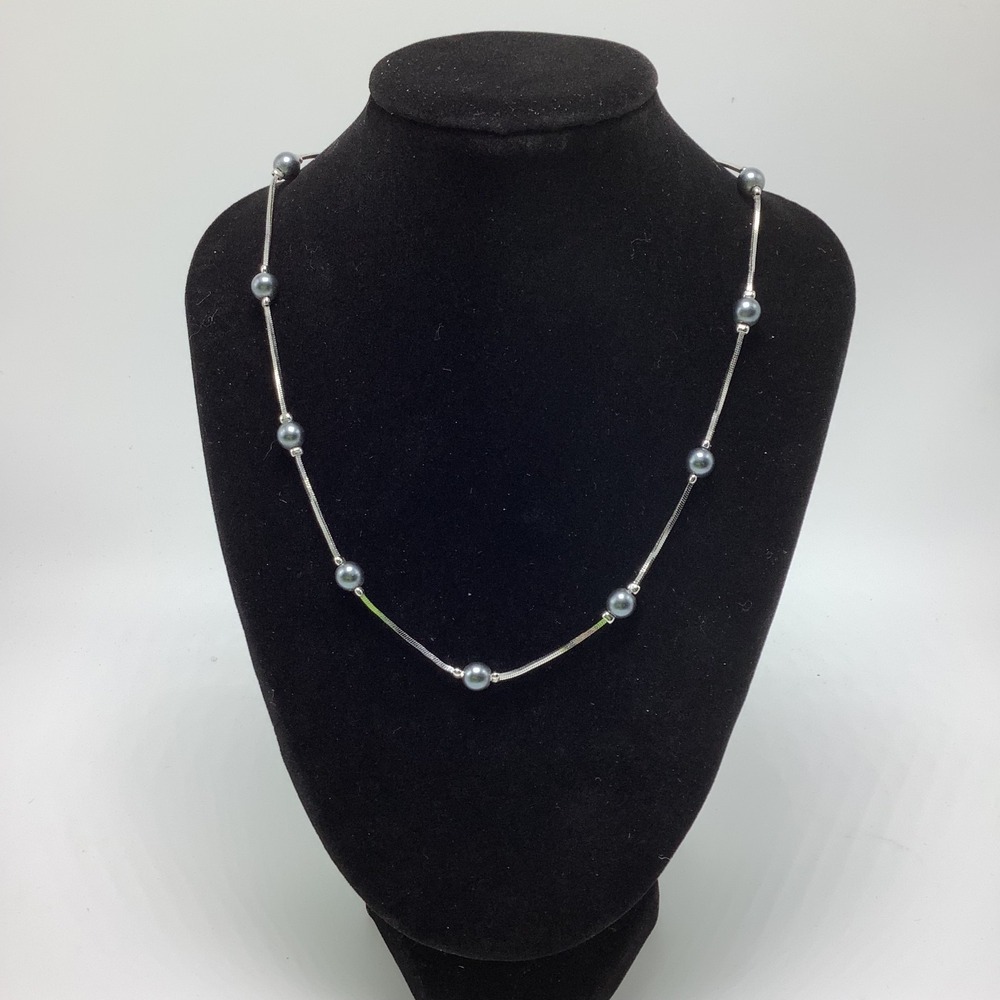 Silver Faux Gray Pearl Station‎ Necklace